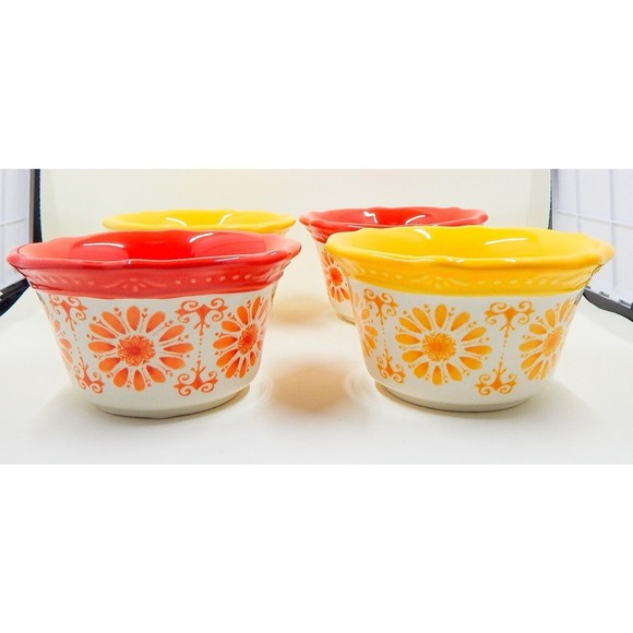 Pioneer Woman Floral Bursts Daisy Ramekins Yellow Orange Set of 4 - Picture 2 of 10